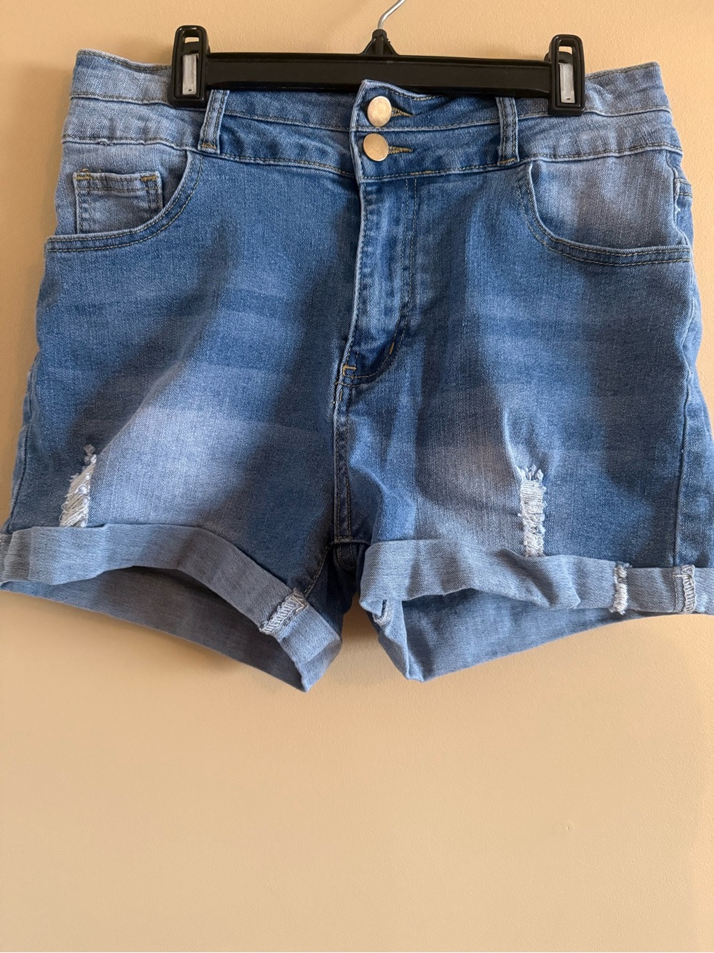 High-Rise Rolled Cuff Denim Shorts - Blue